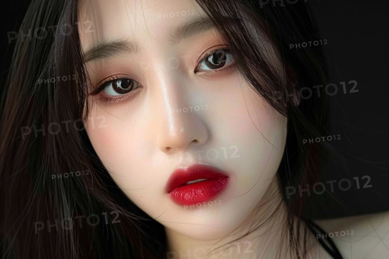 Portrait of beautiful young Asian woman with dark long hair and red lips. Generative AI, AI generated