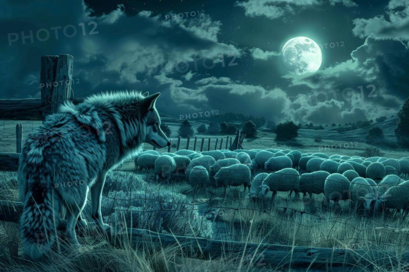 A wolf stands at a pasture fence at night under a full moon and observes a grazing flock of sheep, symbolic image for herd protection, danger, killing by wolf attack, AI generated, AI generated, AI generated