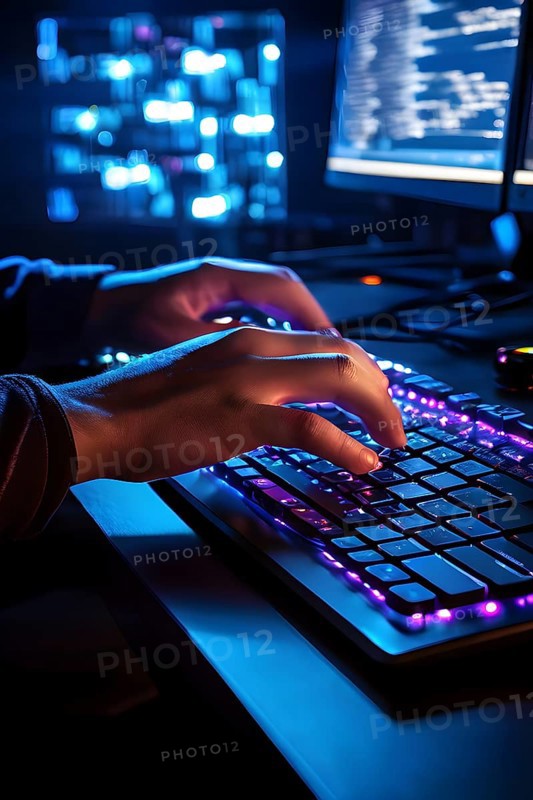 AI generated close up photo capturing hackers hands over an illuminated keyboard