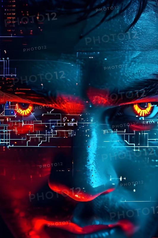 AI generated close up on security camera cyber hackers face digitally imposed on the lens symbolizing surveillance
