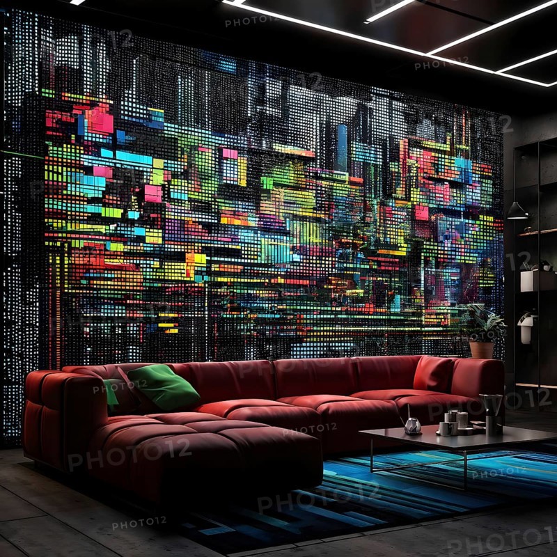 Abstract 3d pixel art technology themed pattern featuring random mosaic in vibrant hues in a living room, AI generated