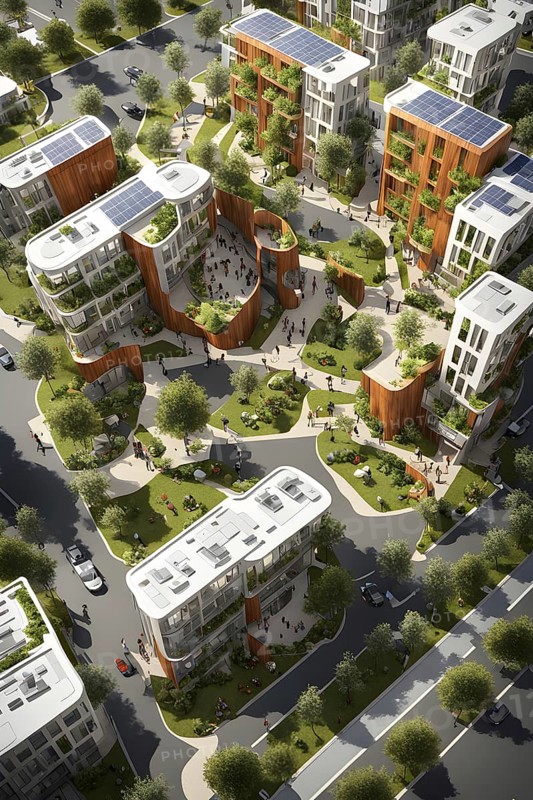 3d model render showcasing an urban neighborhood boasting ecological zero waste infrastructure with recycling stations, AI generated