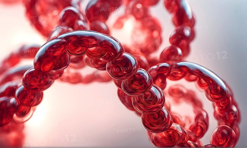 Helix shaped structure bathed in vibrant red interconnected with a string of iridescent bubbles, AI generated