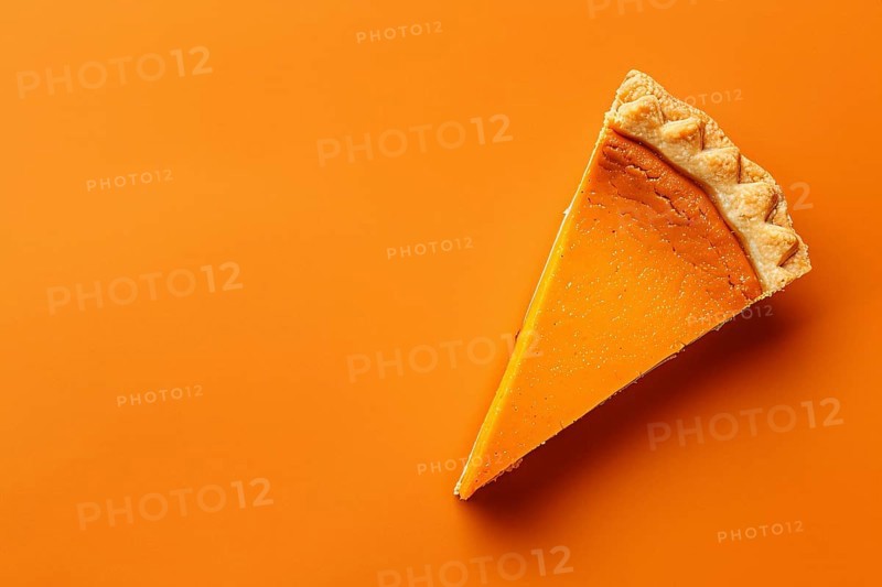 Top vie of single slice of pumpkin pie on orange background with copy space. Generative Ai, AI generated