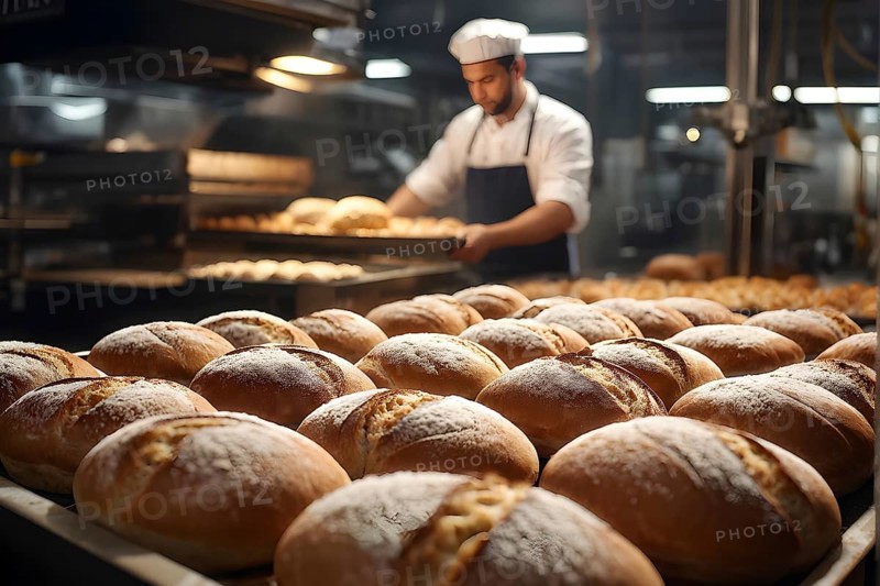 Fresh loaves of bread dominate the foreground of an industrial bakery, AI generated