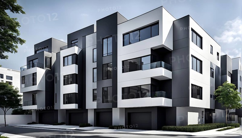Rendering of a modern real estate apartment building in clean geometric forms in black and white, AI generated