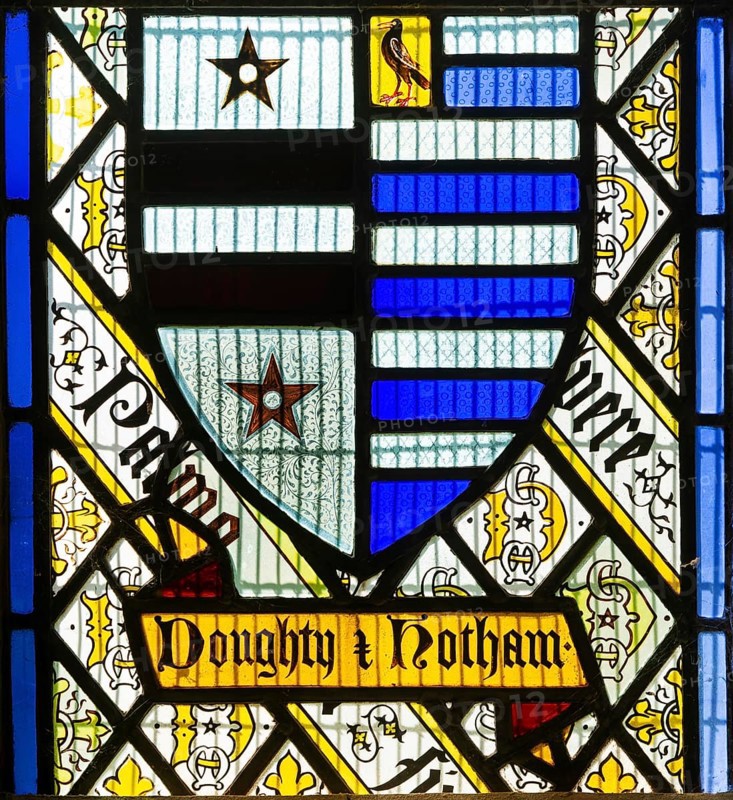 Stained glass window Doughty family crest by Thomas Willement c 1843, Theberton church, Suffolk, England, UK