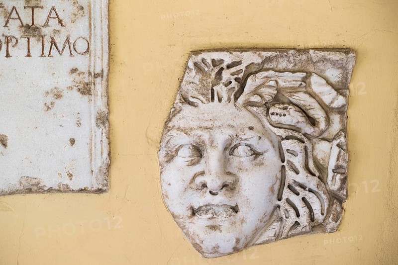 Fragment of a frieze with mask, Städtisches Lapidarium, City of Stuttgart, Baden-Württemberg, Germany, Europe