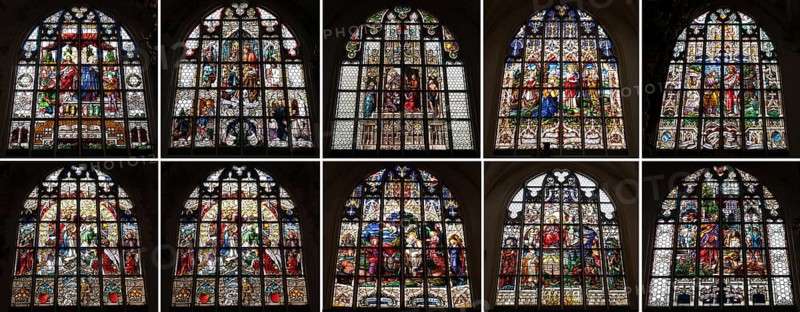 Ten church windows, stained glass with biblical motifs from the 15th century, St Jakob's Church, built around 1400, Pfarrpl. 11 A, Straubing, Lower Bavaria, Germany, Europe