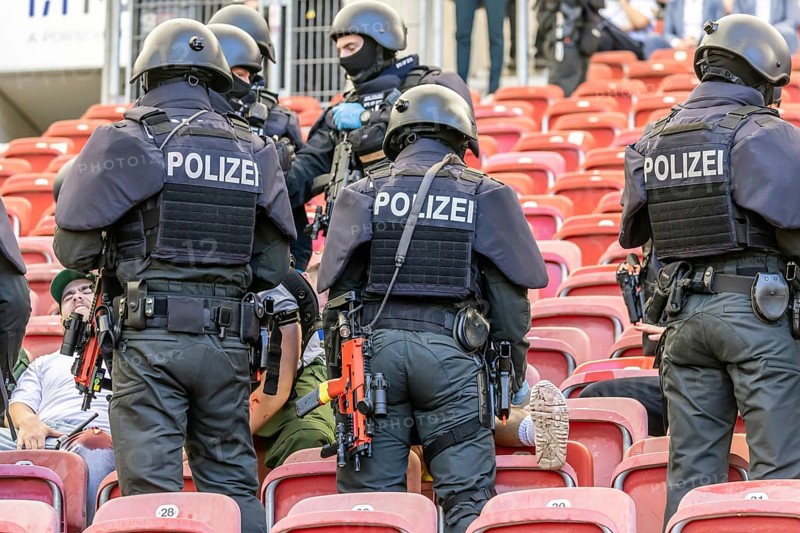 Baden-Württemberg police anti-terror exercise in the stadium. In the run-up to the European Football Championships, 1200 police officers rehearse for an emergency. Scenario: stabbing in the stands of the MHP Arena, VfB Stuttgart's stadium, which is also the venue for five European Championship matches. After initial treatment by the police, the handover of the injured to the emergency services and fire brigade was also rehearsed. Stuttgart, Baden-Württemberg, Germany, Europe