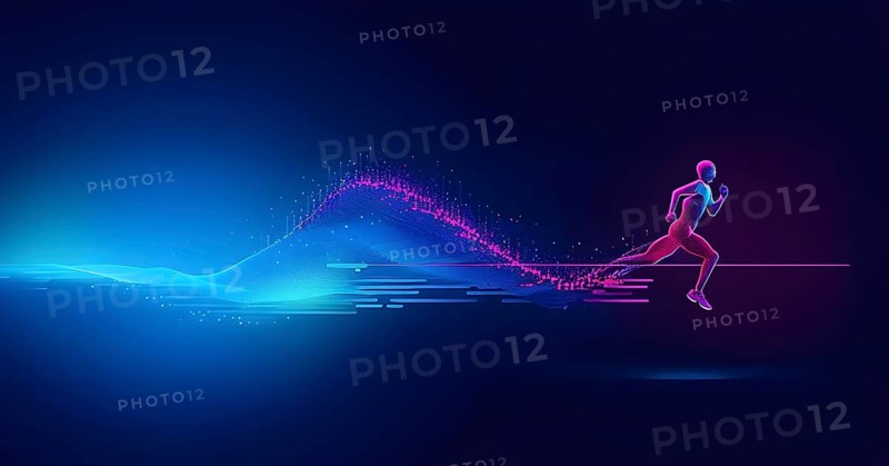 Illustration of a wave of vibrant data points shaping into a runner silhouette, conveying speed and precision guided by AI, AI generated