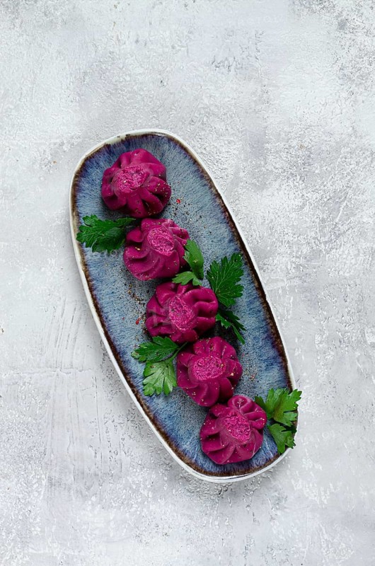 Beetroot khinkali, mini khinkali, purple, Georgian cuisine, no people