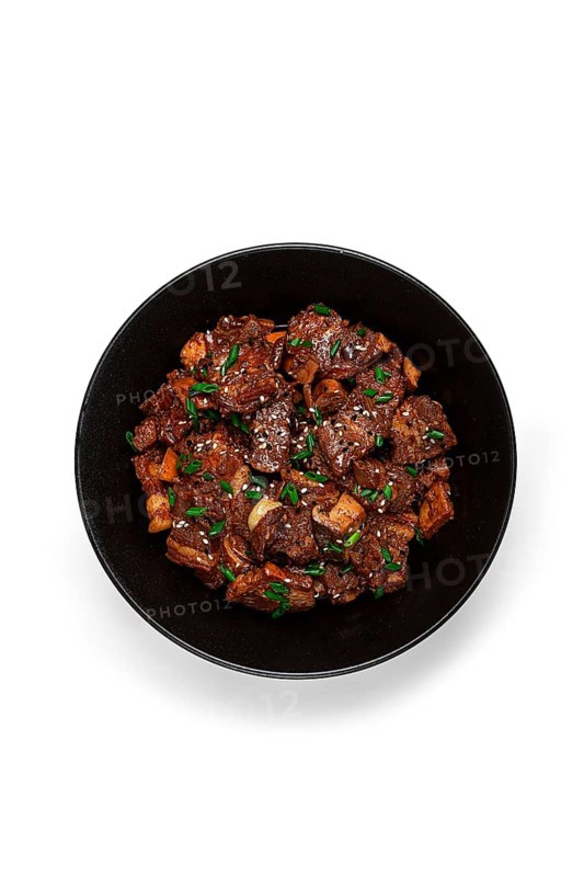 Bulgogi, with mushrooms, with sesame seeds and green onions, Korean cuisine, homemade, no people