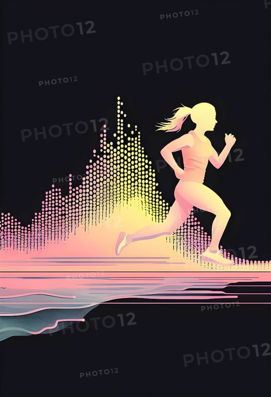 Illustration of a wave of data points shaping into a female runner silhouette, red and yellow pastel hues, conveying speed and precision guided by AI, AI generated