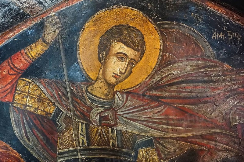 Detailed fresco depicting a saint with a halo, Asklipio village, Asklipion, Kimisis tis Theotokou church, Rhodes, Dodecanese, Greek Islands, Greece, Europe