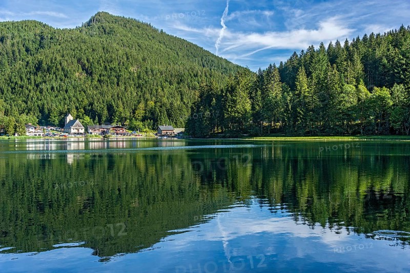 Mountain lake and village Spitzingsee, municipality Schliersee, behind mountain Schwarzenkopf, Mangfall mountains, Bavarian Prealps, Upper Bavaria, Bavaria, Germany, Europe