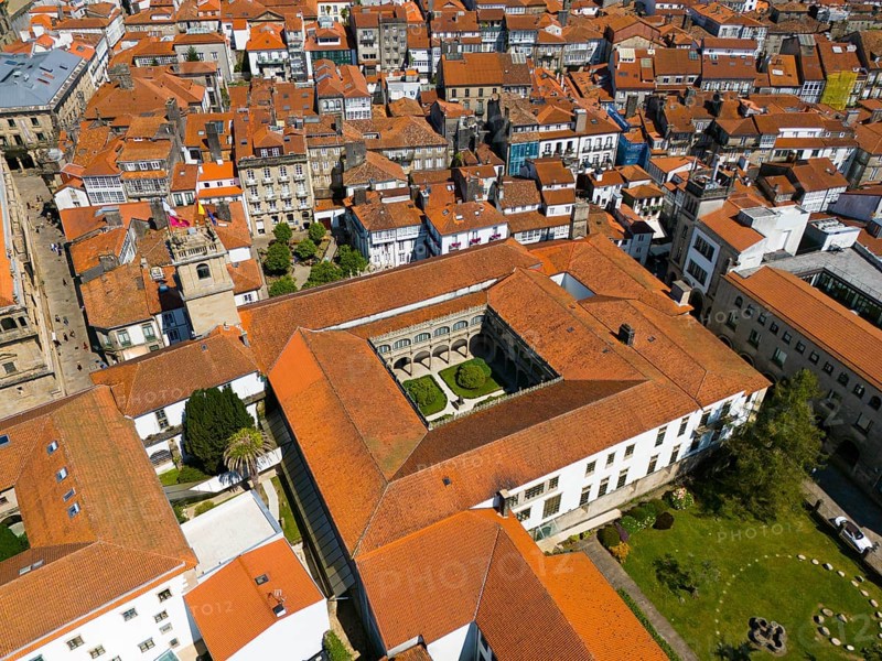 A view of an old town with many historic buildings and orange-coloured roofs, aerial view, University of Santiago de Compostela, Universidade de Santiago de Compostela, Santiago de Compostela, autonomous community of Galicia, place of pilgrimage, destination of the Way of St. James, Spain, Europe