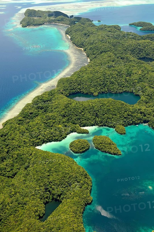 Aerial view of part of Eil Malk Island in the island paradise of Palau in the Western Pacific, in the centre of the picture Lake Ongeim'l Tketau Jelly Fish Lake Jellyfish Lake, Pacific, Republic of Palau, Micronesia, Australia, Oceania