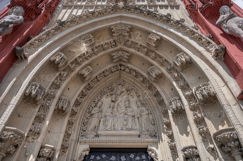 Detail of the entrance portal of the Gothic St Mary's Chapel, Marktplatz 9, Würzburg, Lower Franconia, Bavaria, Germany, Europe