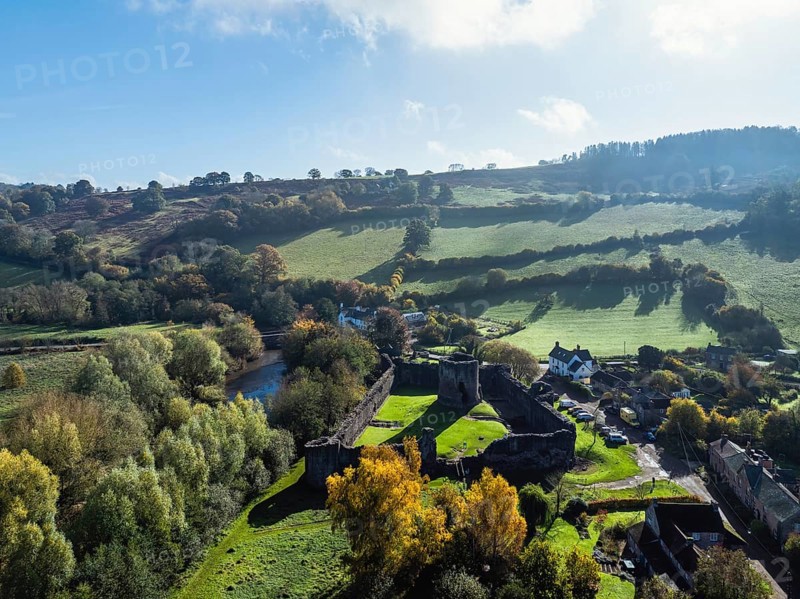 Skenfrith Castle from a drone, Monmouthshire, Wales, England, United Kingdom, Europe