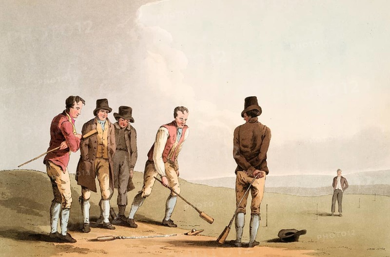 Scene from everyday life in England around 1810, Knurr and spell, northern spell, or trap ball, an old English game that was once popular as a pub game, Historical, digitally restored reproduction from a 19th century original, Date unknown