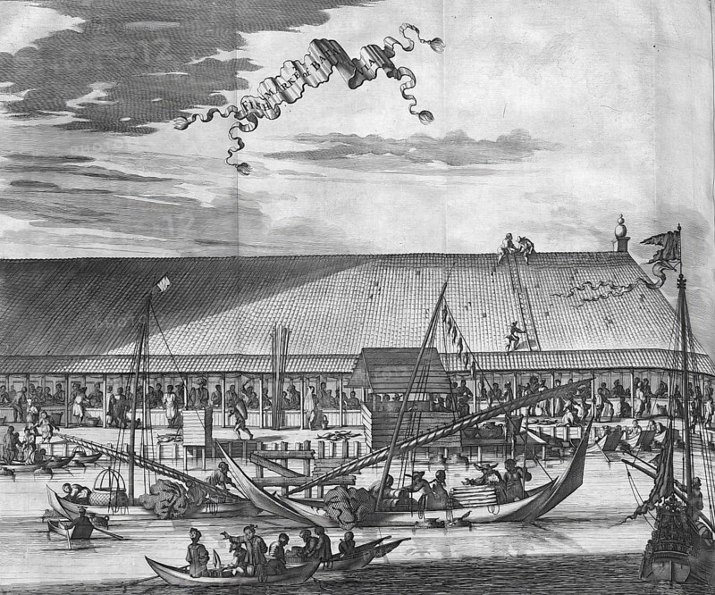 The fish market of Batavia in 1595, from 1619 to 1799 the headquarters of the Dutch East India Company in Asia and until Indonesia's independence in the 1940s the capital of the Dutch East Indies, Historical, digitally restored reproduction from a 19th century original, Record date not stated