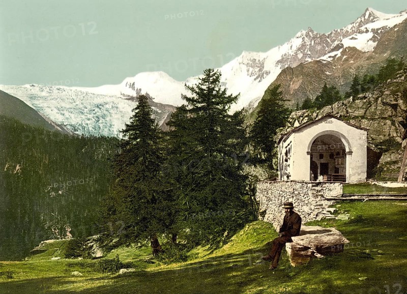 Eine Kapelle in der Nähe von Saas Fee, Wallis, Alpen, Schweiz / A chapel near Saas Fee, Valais, Alps, Switzerland, Historic, digitally restored reproduction from a 19th century original, Record date not stated, Europe