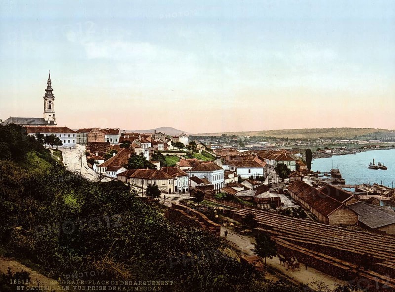 Pier and Cathedral, Belgrade, Serbia, c. 1895, Historic, digitally restored reproduction from a 19th century original, Record date not stated, Europe
