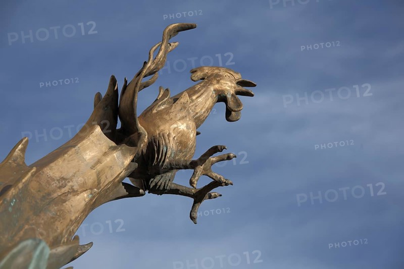 Sculpture Fire Brigade Fountain by Bonifatius Stirnberg 2010, cock figure and flames, detail, view from below, bird figure, animal figure, cut-out, Bad Camberg, Taunus, Hesse, Germany, Europe