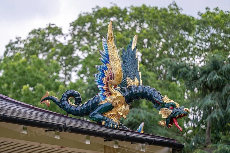 Close-up of a gold-blue-red painted dragon statue, historic large pagoda, Royal Botanic Gardens (Kew Gardens), UNESCO World Heritage Site, Kew, Greater London, England, Great Britain