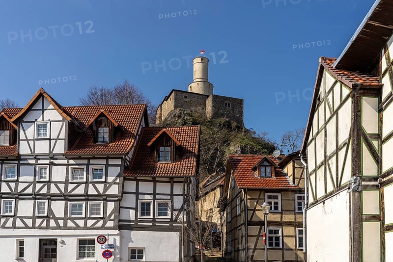 Half-timbered houses and the Felsburg castle in Felsberg, Schwalm-Eder district, Hesse, Germany, Europe