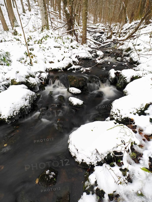 Hill Stream, the Schwartzbach, in snow and ice in November. The Rhön UNESCO Biosphere nature reserve, county Bavaria, Germany, Europe