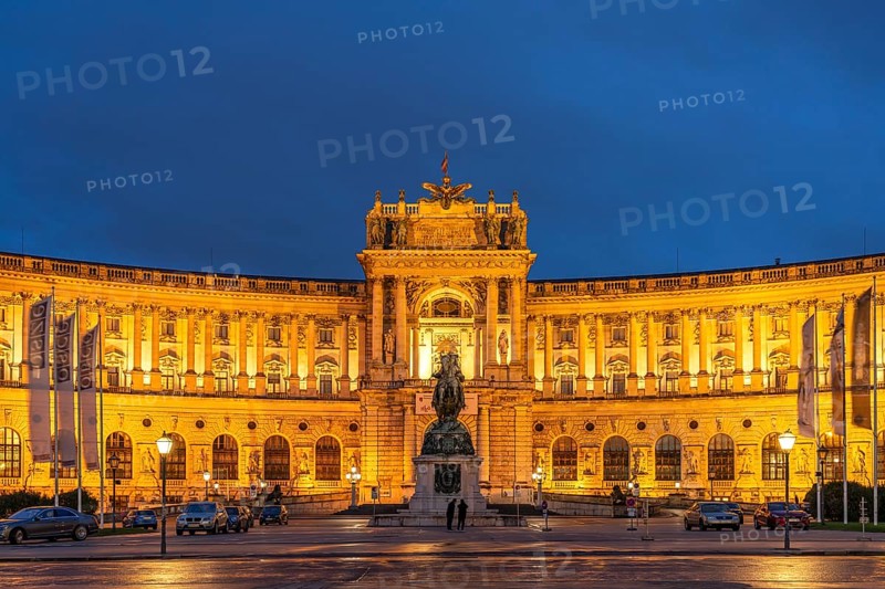 The Neue Burg, part of the Vienna Hofburg Imperial Palace at dusk, Vienna, Austria, Europe