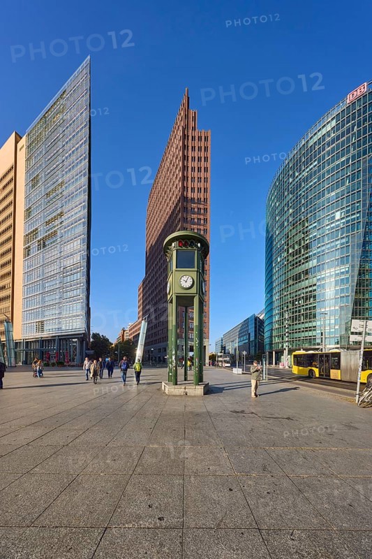 Replica and monument of the first traffic lights and skyscrapers Forum Tower, Kollhoff Tower and Railway Tower at Potsdamer Platz in Berlin, capital city, independent city, federal state of Berlin, Germany, Europe