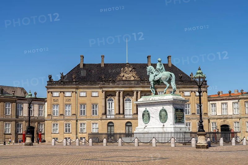 Amalienborg Palace and equestrian statue of Frederik V in Copenhagen, Denmark, Europe