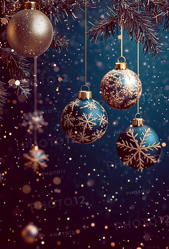 New Year's card, Christmas balls, golden snowflakes, on a blue background, vertical, no people, AI generated