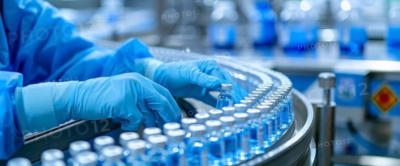 Vials of new medication on a conveyor belt. Mass pharma industrial production., AI generated