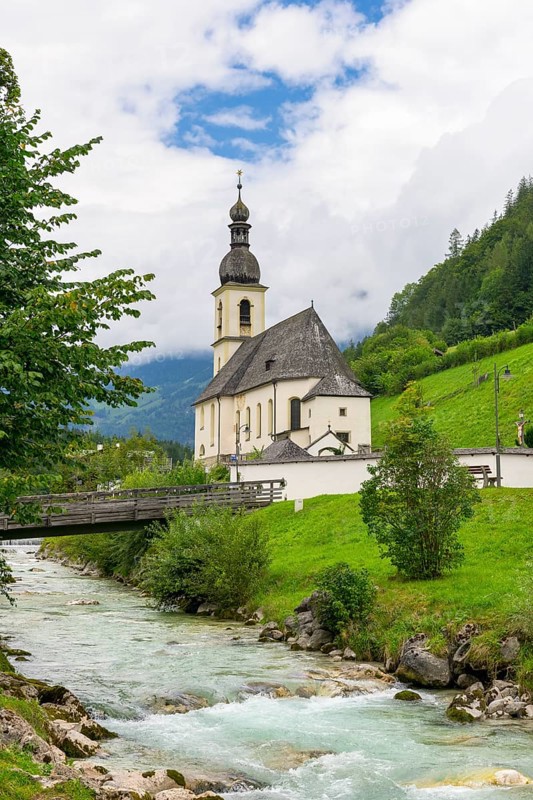 Parish church of St. Sebastian with Ramsauer Ache, rainy weather, fog, bridge, Ramsau, Berchtesgaden, Berchtesgadener Land, Upper Bavaria, Bavaria, Germany, Europe
