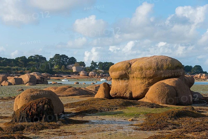 Rocky landscape on the coast under a cloudy sky, Baie de Sainte-Anne, Trégastel, Tregastel, Côte d'Armor, Brittany, France, Europe