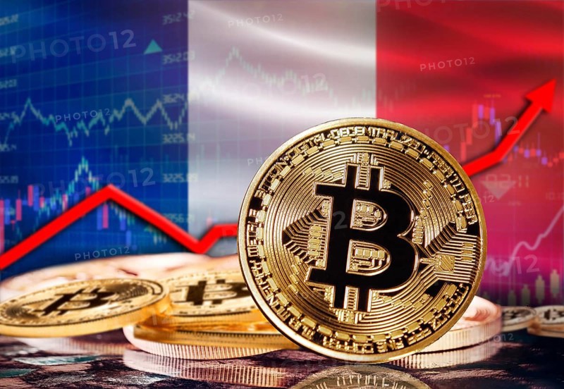 Bitcoin with France flag in the background. Bitcoin rising with France flag in the background