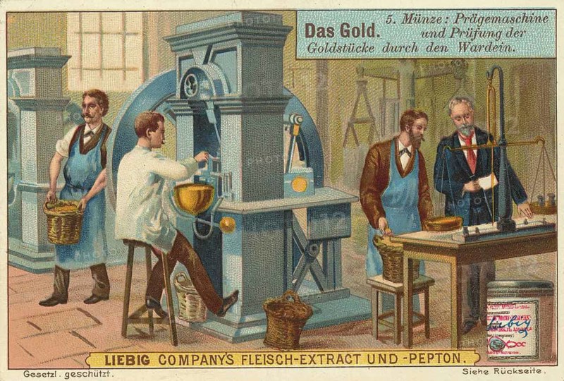 Picture series The gold, minting machine and testing of the gold pieces by the warden, Liebig picture, digitally restored reproduction of a collector's picture from around 1900, public domain, exact date unknown, men in a historical workshop working with a machine for testing gold