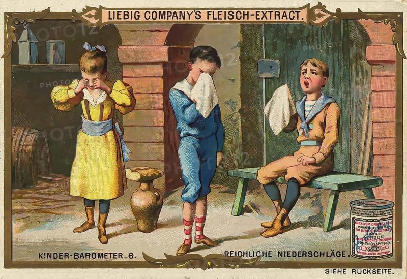 Picture series Children's barometer, 6, abundant rainfall, crying children, Liebig picture, digitally restored reproduction of a collector's picture from ca 1900, public domain, exact date unknown, children standing sadly in the rain with wet handkerchiefs and clothes