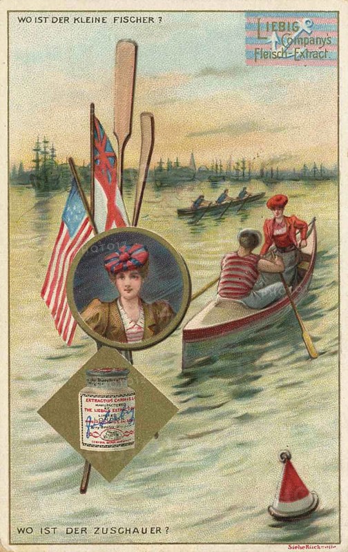 Picture series Riddle, where is the little fisherman, Liebig picture, digitally restored reproduction of a collector's picture from around 1900, public domain, exact date unknown, Noble rowing boat scene with various flags and a personified representation in the medallion