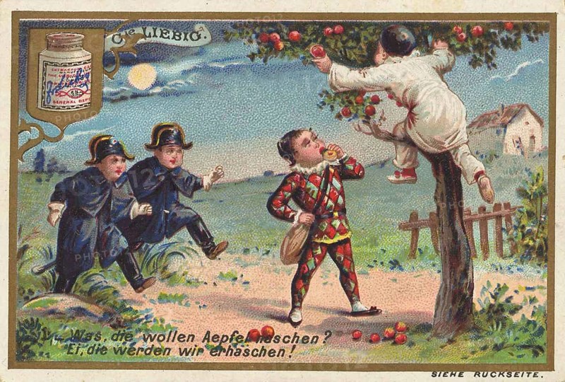 Picture series Children as fruit thieves, what they want to snack on apples, ei, we'll get them, Liebig picture, digitally restored reproduction of a collector's picture from around 1900, public domain, exact date unknown, A child picks apples while two gendarmes follow attentively