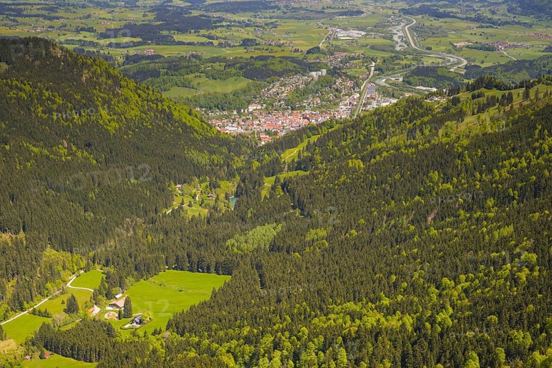 Panorama from Mittagberg, 1451m, into the Steigbachtal, behind Immenstadt and the Illertal, Allgäu, Bavaria, Germany, Europe