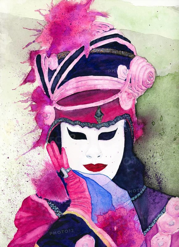 Watercolour painting of a pompously dressed woman at carnival, head and part of the upper body with headdress, dressed in pink, pink and purple