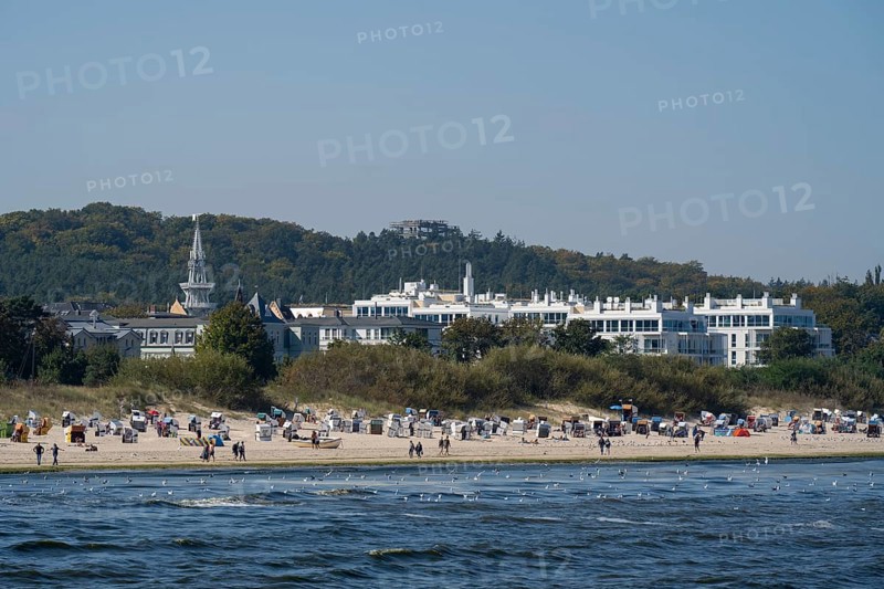 View of the beach and town from the pier, Ahlbeck, Usedom Island, Baltic Sea, Mecklenburg-Western Pomerania, Germany, Europe