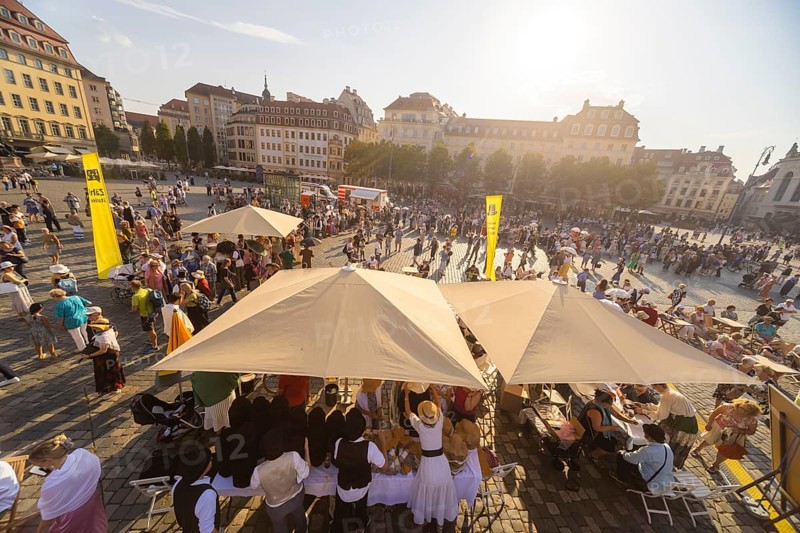 Dresden celebrated the 250th birthday of Caspar David Friedrich with a birthday party and a big city bet between Greifswald and Dresden, The Romantic's Duell. In Dresden 2033 people appeared in disguise and in Greifswald 2241, so Greifswald won the bet, city bet on the Neumarkt, Düll der Romantiker, Dresden, Saxony, Germany, Europe