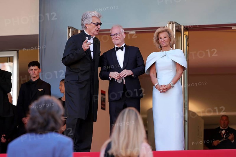 Cannes, France, 25 May 2024: Wim Wenders (director and photographer), Thierry Frémaux (Festival Director) and Iris Knobloch (President of the Cannes International Film Festival) at the closing ceremony on the red carpet of the Palais des Festivals during the 77th Cannes International Film Festival. The 77th Cannes International Film Festival will take place from 14 to 25 May 2024, Europe