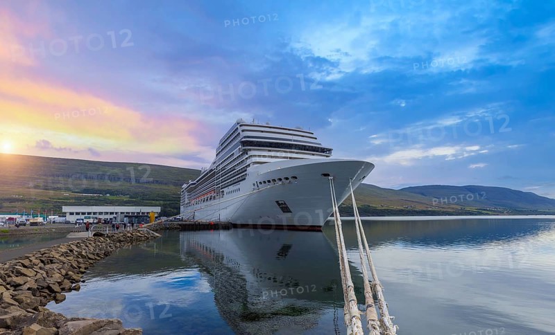 Iceland, cruise ship docked in Akureyri port for visit of Godafoss Waterfall and Eyjafjordur Fjord, Europe